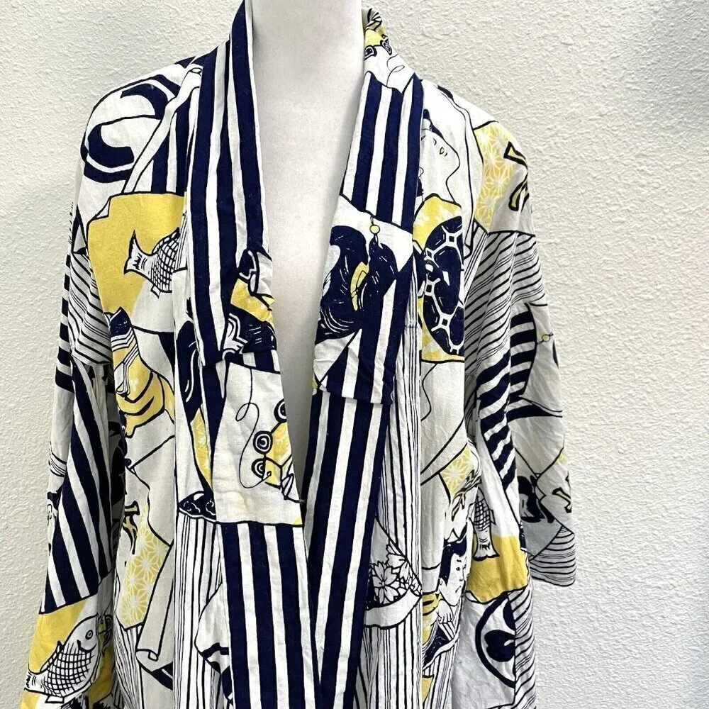 100% Linen Japanese Kimono Traditional Folk Unique Blue Yellow One Size